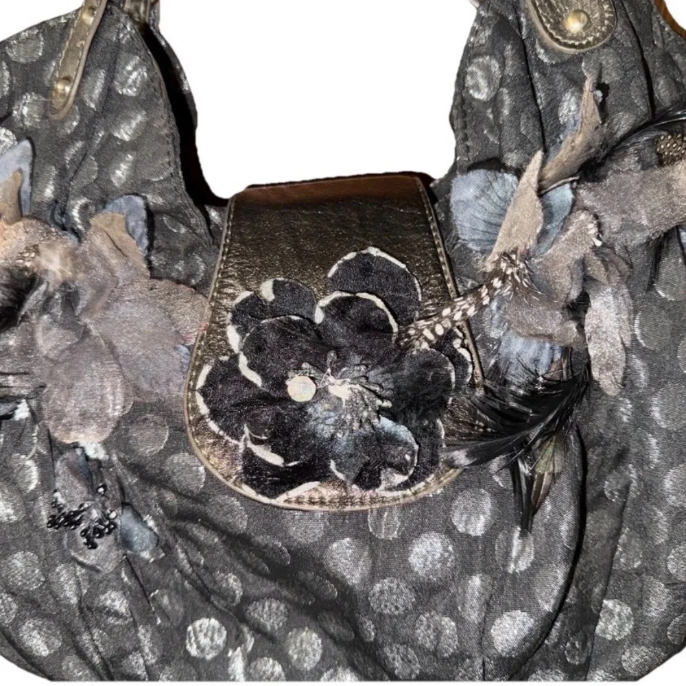 Hananel Black Floral Applique Hobo Shoulder Bag - Women